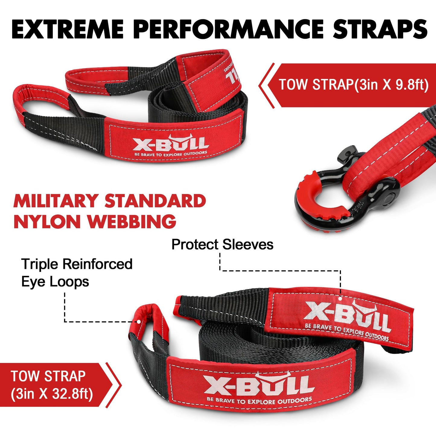 X-BULL Off-Road 4×4 Recovery Kit - Heavy Duty 3'' x 30' (31518LBS) 100% Nylon Tow Strap+41887lbs Break Strength D-Ring Shackles (2pcs)+Block Pulley+Gear Storage Bag +Gloves for ATV/UTV Jeep Truck