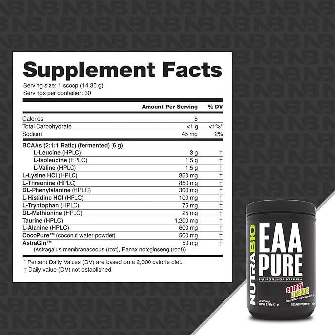 NutraBio ??EAA Pure ??9 Amino Acids ??Muscle Repair and Recovery, 30 Servings, Cherry Limeade ??Pre or Post Workout ??All Day Recovery