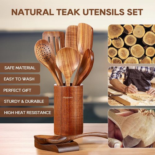 Mooues 9-Piece Natural Teak Wooden Kitchen Utensil Set - Comfort Grip Spoons & Utensils Holder