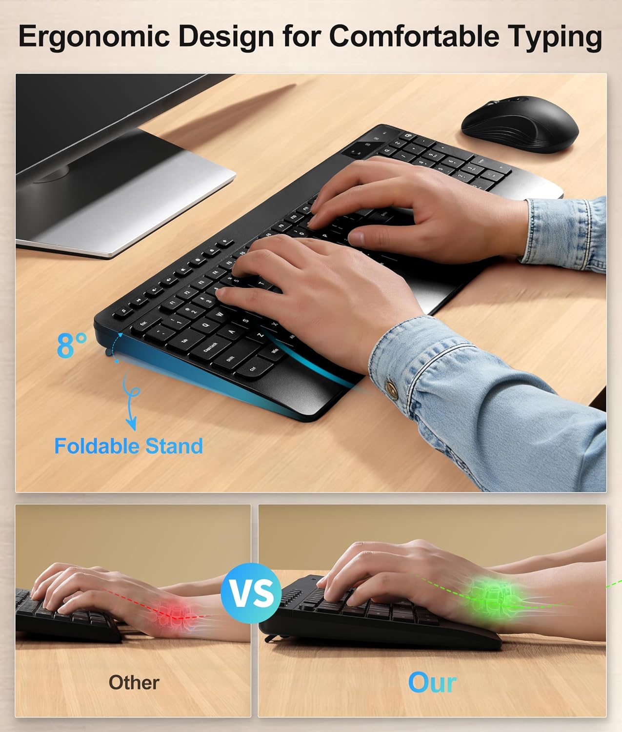 Hamile 3-Level 2.4GHz Quiet Wireless Keyboard and Mouse Combo DPI Silent Mouse, Full-Size Ergonomic Wrist Rest