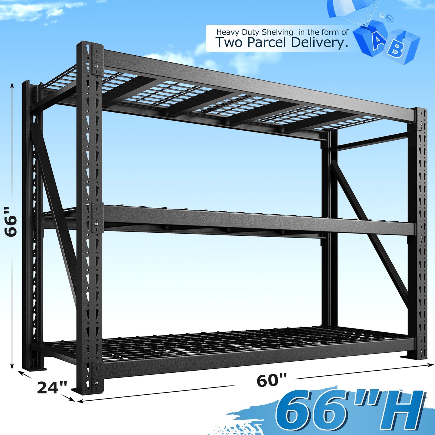 Bepatio 8250LBS Heavy Duty Garage Shelving,Storage Shelves Industrial Metal Shelving, 3-Tier Adjustable Shelves for Factory Warehouse Shop Storage Room 24" D × 60" W × 66" H, Black