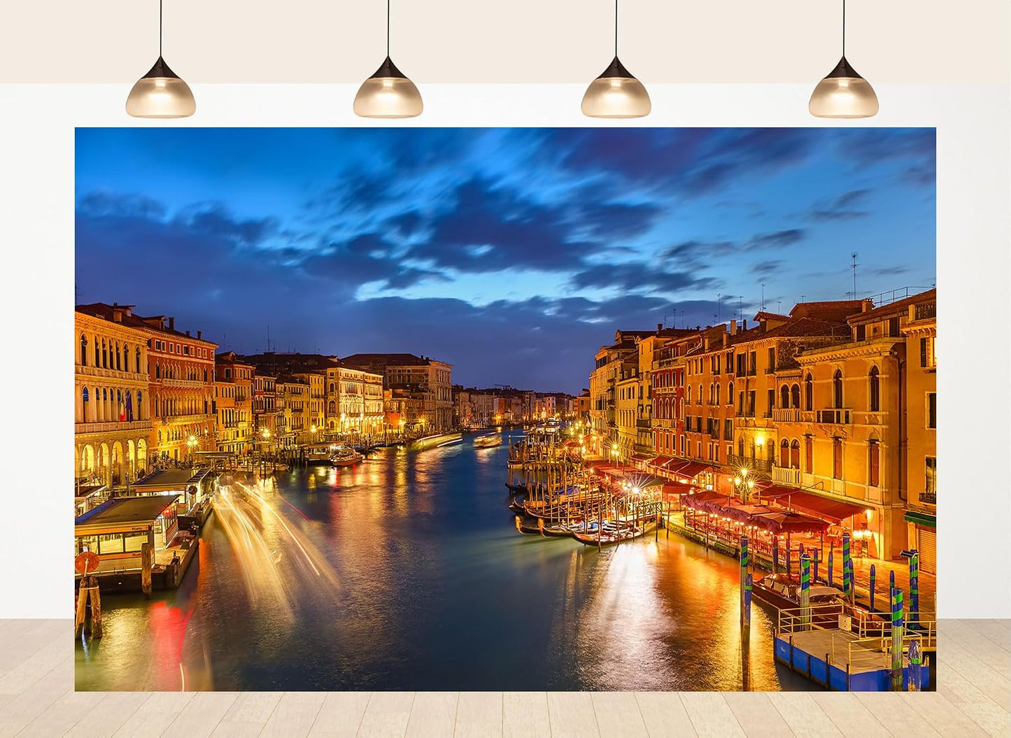 LidyMini 10x8ft Fabric Venice Grand Canal Night Backdrop Historic Palaces Gondolas Light Trails Photography Background