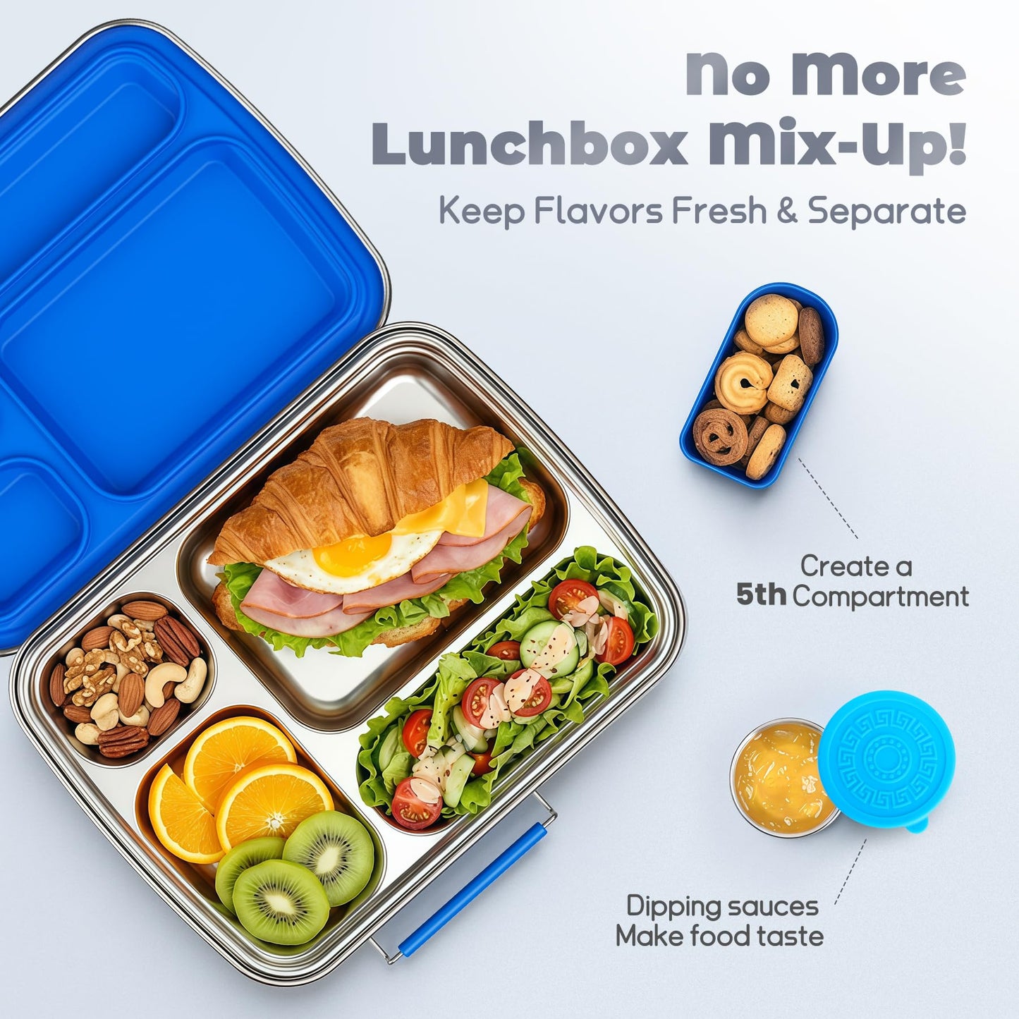 Eoika Stainless Steel Bento Box for Kids, Kids Lunch Box with 4-Compartment, Metal Lunch Box with Silicone Container & Sauce Cup, Durable Lunch Box Containers for School and Office (Blue)
