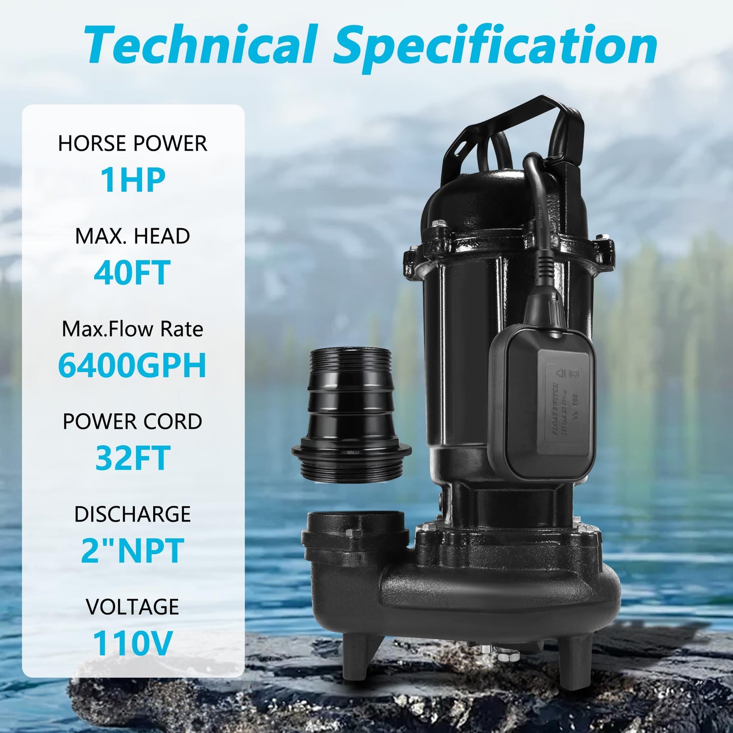 Sump Pump Submersible, Sewage Grinder Pump 110V 6400GPH 40Ft Max Head, Cast Iron Effluent Pump with Auto Float Switch 2'' NPT for Basement Basin Sewage Well Pond Swimming Pool, 32Ft Power Cord