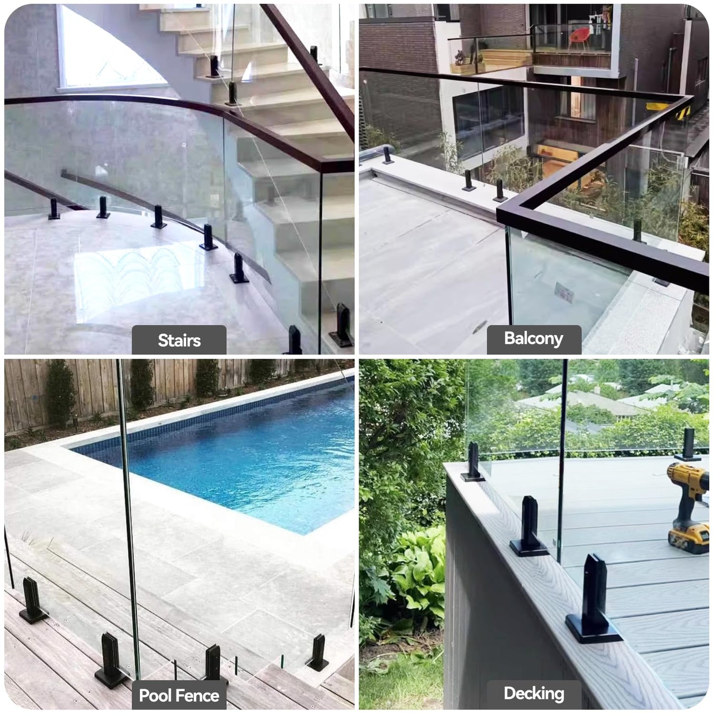 SyingHwan T316 Stainless Steel Glass Railing Clamp,Heavy Duty Glass Railing Spigot,Railing Post Clamp (4, Black)
