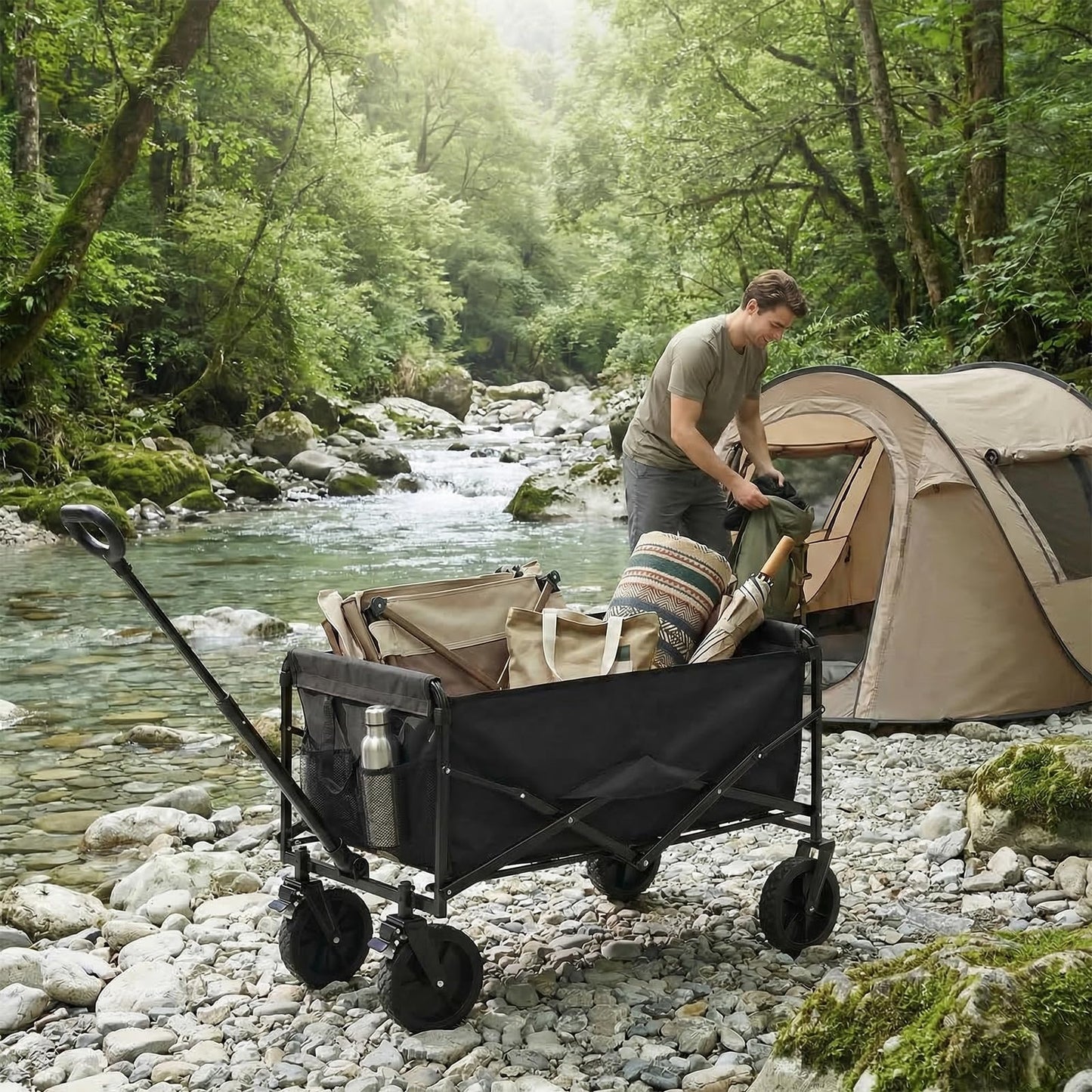 OLIXIS Collapsible Wagon 102L Standard Heavy Duty Utility Folding Wagon Cart with Lockable Brake Wheels – 330 lbs Weight Capacity, Flexible Handle for Beach, Grocery, Camping, Sports & Garden, Black