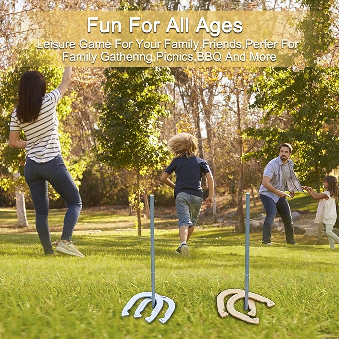 Horseshoes Set, Lawn Horseshoe Outside Game Kit for Teens Adults Families - Includes 4 Horse Shoes, 2 Stakes and Carrying Case