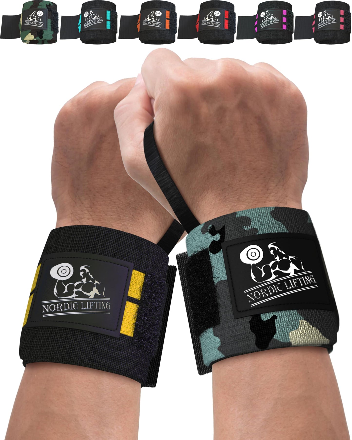 Nordic Lifting Wrist Wraps (2 Pairs) – Adjustable Wrist Wraps with Thumb Loop for Weightlifting, CrossFit & Powerlifting – Gym Essentials Support for Men & Women, Camo Grey/Yellow