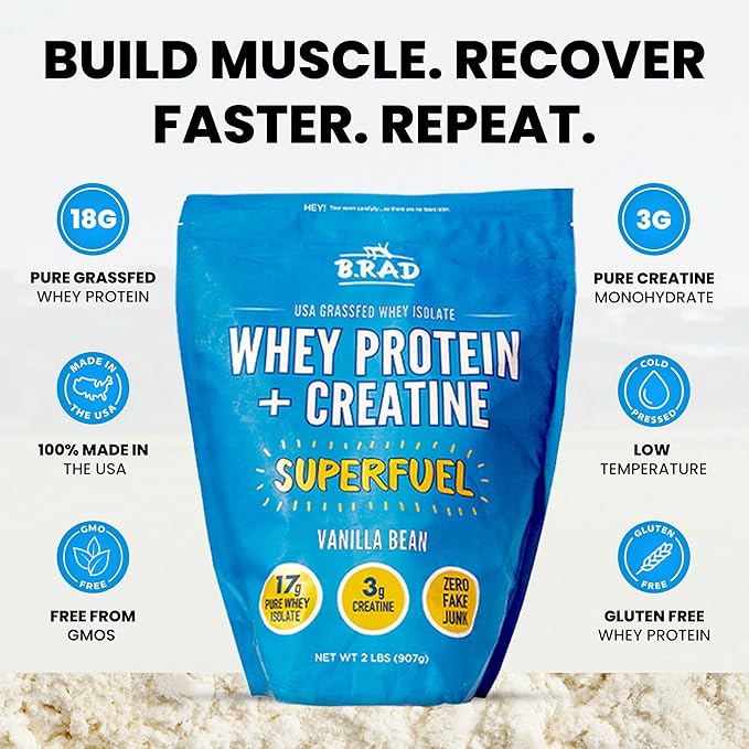 B.rad Superfuel - Grass Fed Whey Protein Isolate Boosted with Creatine | Farm-Fresh, Easy-to-Digest, Clean Ingredients | 2 Pounds | 100% USA Sourced | Vanilla Bean