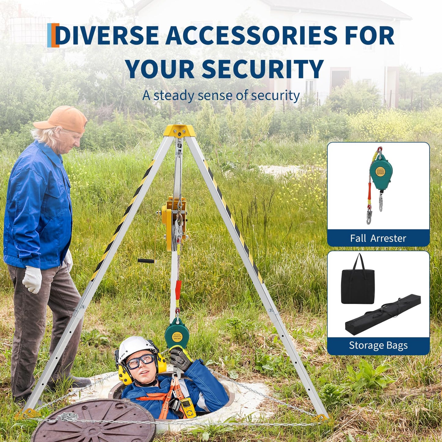 EliteEdge Confined Space Rescue Tripod Kit with 1200 lbs Winch, 7 ft Legs, 98 ft Cable, Steel Construction, 33 ft Fall Protection and Storage Bag for Traditional Confined Spaces Safety