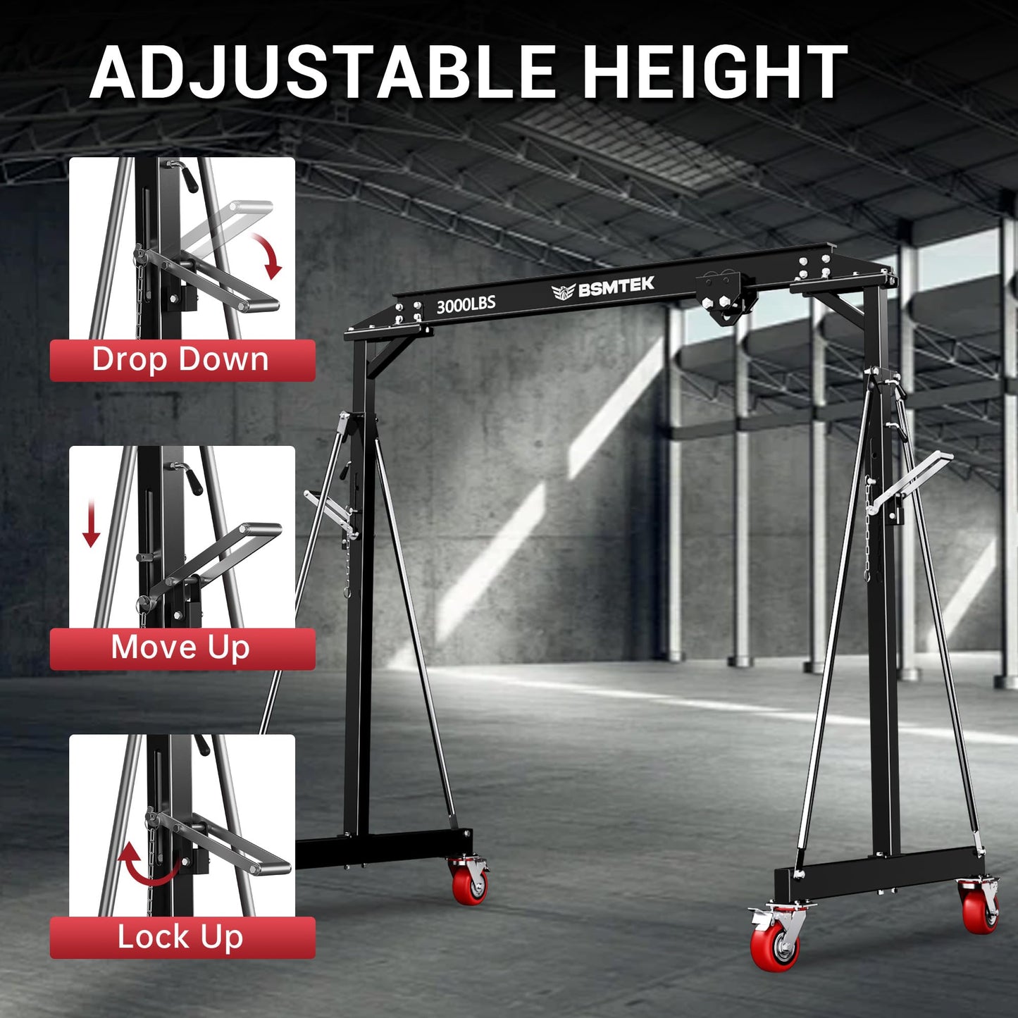 BSMTEK 1.5 Ton Gantry Crane MAX3000lbs Capacity, Adjustable Height (8.53-12.47 FT) & Width (6.56 FT), Steel I-Beam Construction, Portable Shop Hoist for Factories, Warehouses, Black