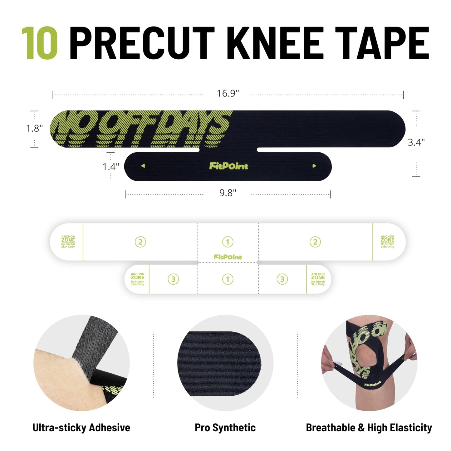 Kinesiology Tape for Knees 10 Pcs Ultra-Sticky Patella Knee Tape for Knee Pain Relief & Knee Stability Pre Cut Synthetic Kinetic Tape for Knee Support Waterproof Latex-Free Jet Black