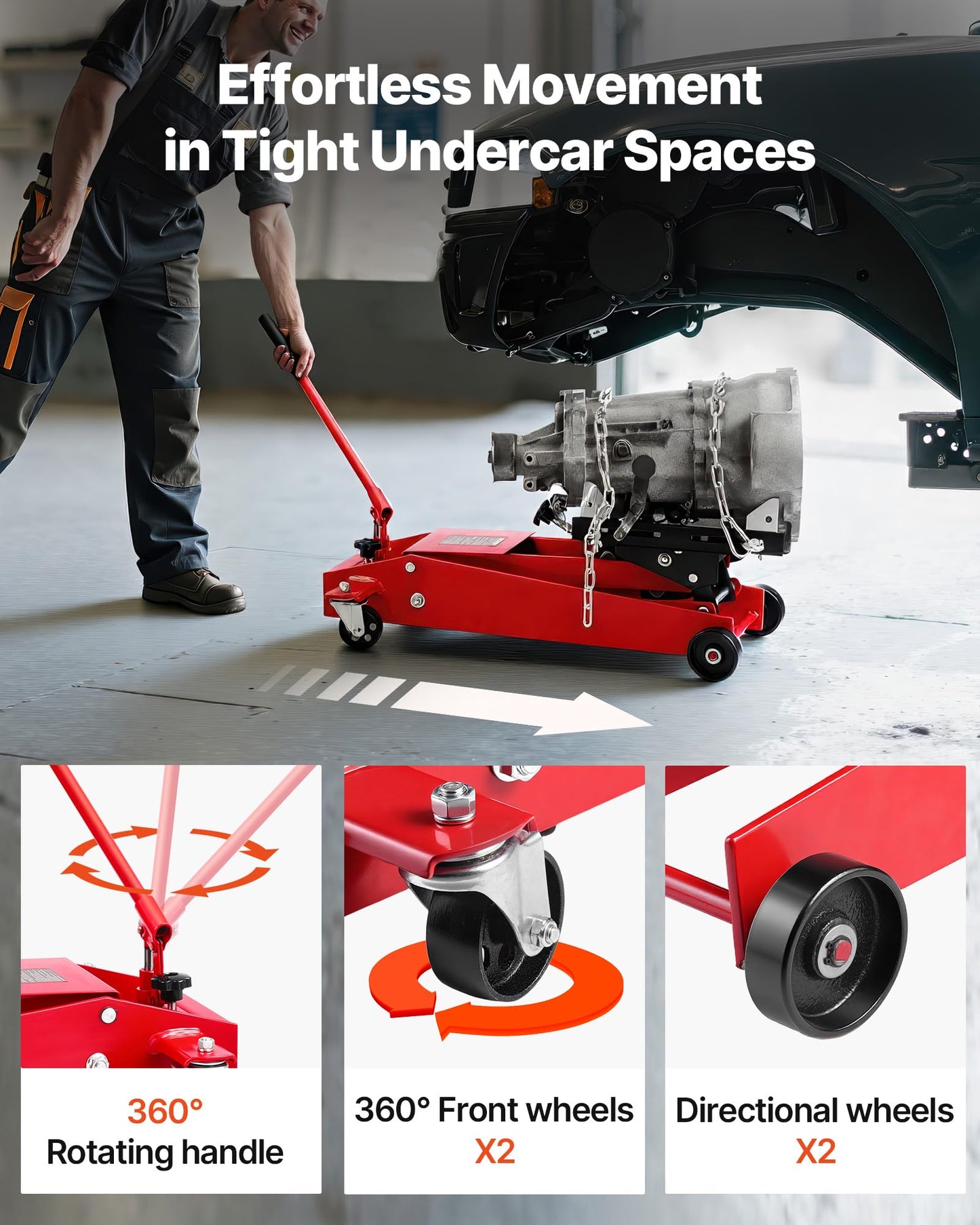 VEVOR Adjustable Floor Transmission Jack 1000 LBS Low Profile Hydraulic Transmission Telescoping Heavy-Duty Lift Jack 6.3-25.2 in Lifting Height, 360° Swivel Front Wheels