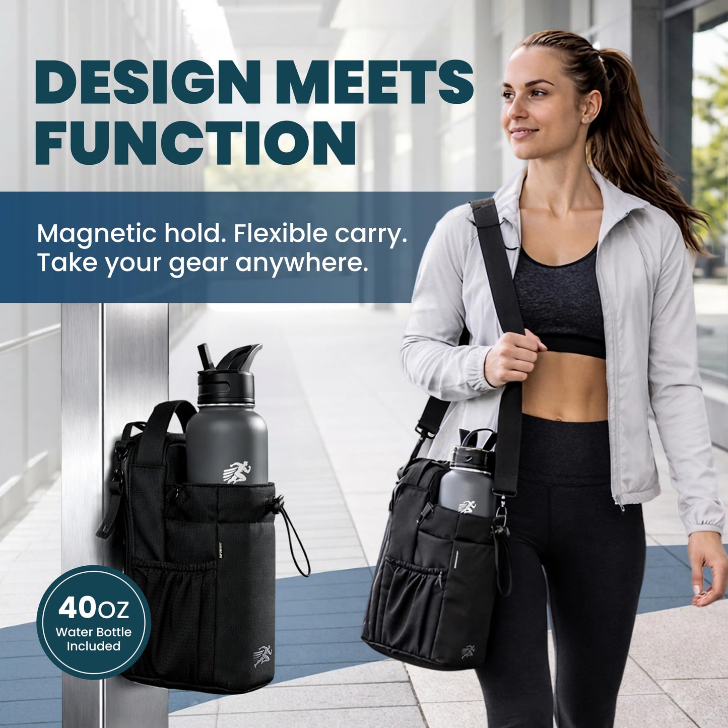 EMPOWERFIT Magnetic Gym Water Bottle Bag with 40oz Bottle – Magnetic Water Bottle Holder with Strap, Crossbody Bag, Phone Pocket, Waterproof Gym Accessories