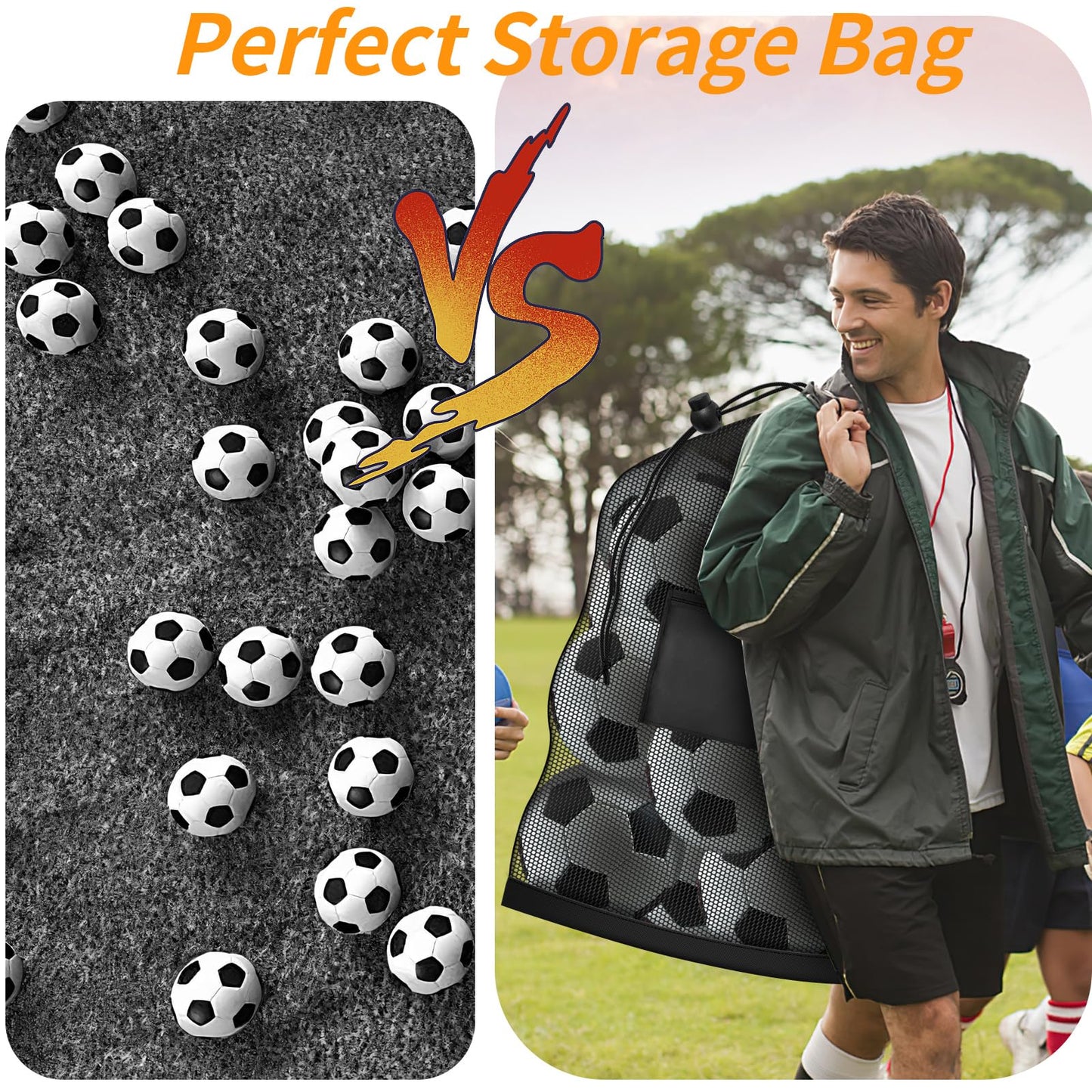 Extra Large Mesh Ball Bag, Heavy Duty Drawstring Storage Bag, 24" x 36" Hold 8-10 Soccer Basketball Volleyball Football, Sports Equipment Sack Net Bags with Shoulder Strap and Pocket for Coaches