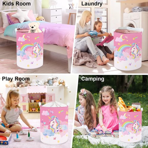 Clastyle 63L Unicorn Rainbow Collapsible Laundry Basket Large Pink Dirty Clothes Hamper for Girl Moon Star Flower Toy Storage Basket with Lid, 15.7x19.7 in