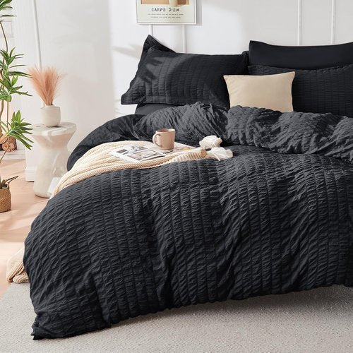 HYMOKEGE Queen Comforter Set - Black Oversized 7-Piece Seersucker Luxury Bedding | All-Season Comforter, Sheets & Pillowcases