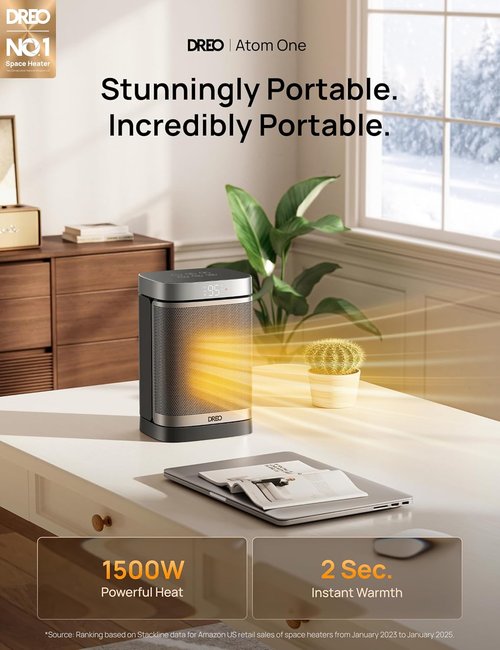 DREO 1500W Portable Electric Space Heater - PTC Ceramic with Remote, 70° Oscillation & 12H Timer