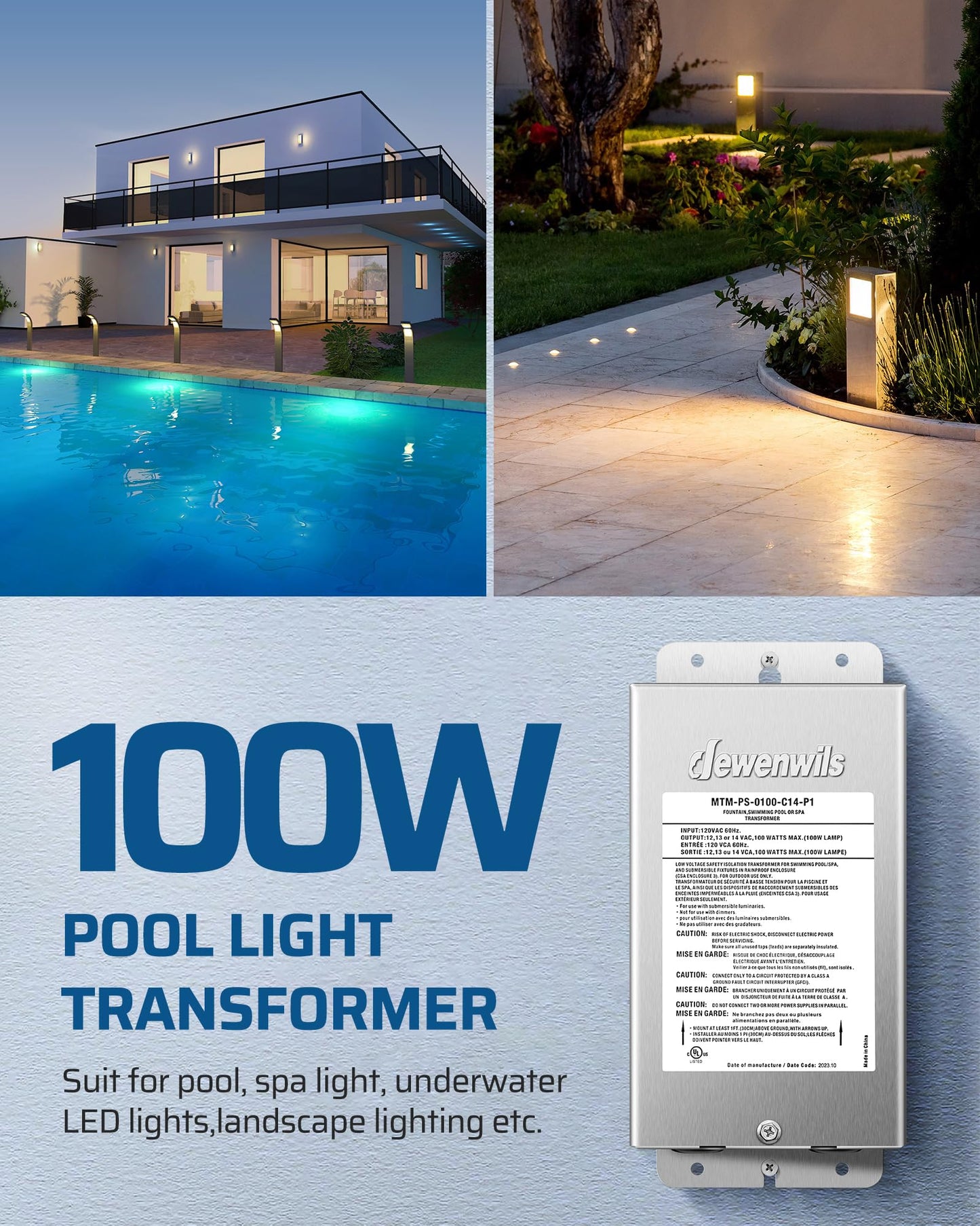 DEWENWILS Low Voltage Pool Light Transformer, 120V AC to 12V/13V/14V AC, Multi-tap Safety Transformer