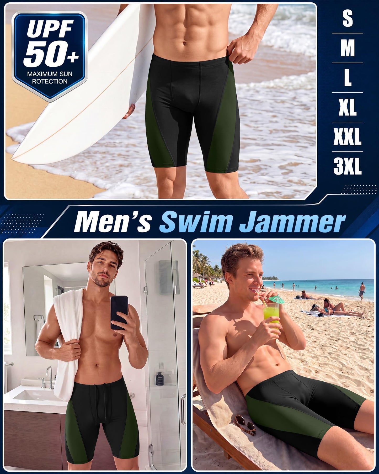Ficerd Men's Swim Jammer UPF 50+ Quick Dry Athletic Competitive Training Swimwear Swimming Shorts with Drawstring(Black Green,Large)