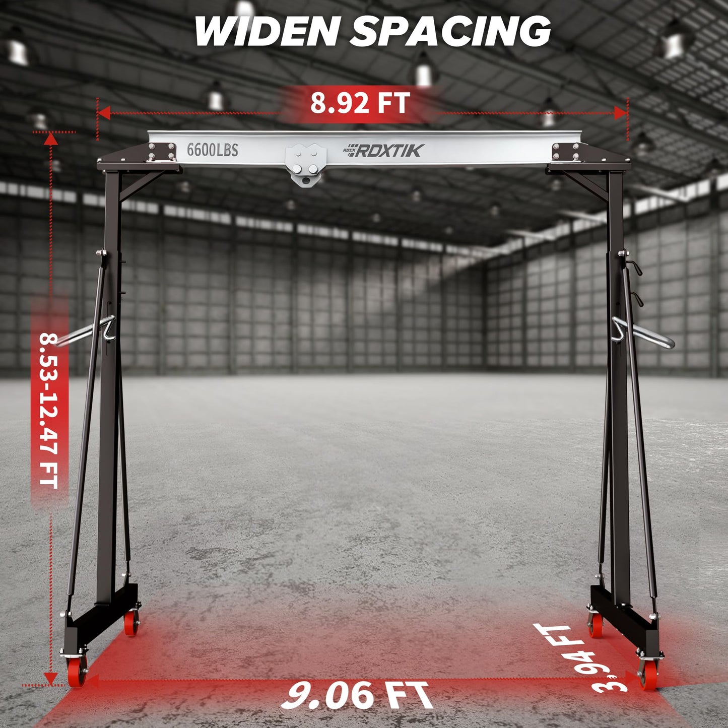 RDXTIK 3 Ton 6600Lbs Gantry Crane, 9.06FT Maximum Width, 8.53-12.47ft Adjustable Height, Portable Shop Lift Hoist with 3 Ton Manual Trolley, Silver