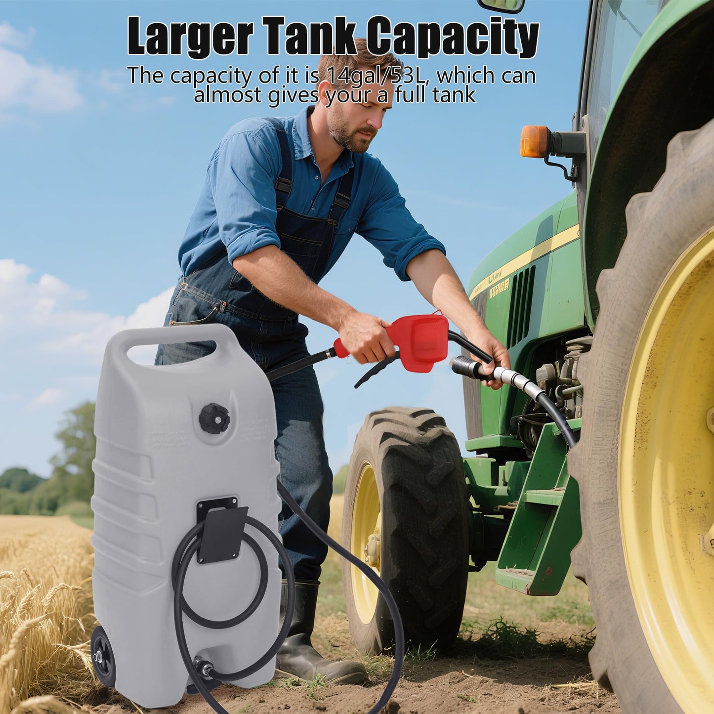 Garvee 14 gal Portable Fuel Tank, Gray Fuel Storage Container with Manual Siphon Pump & 10 ft Hose, Gasoline Diesel Caddy with Wheels, Fuel Transfer Tank for Car, ATV, Boat, Lawn Mower, Generator