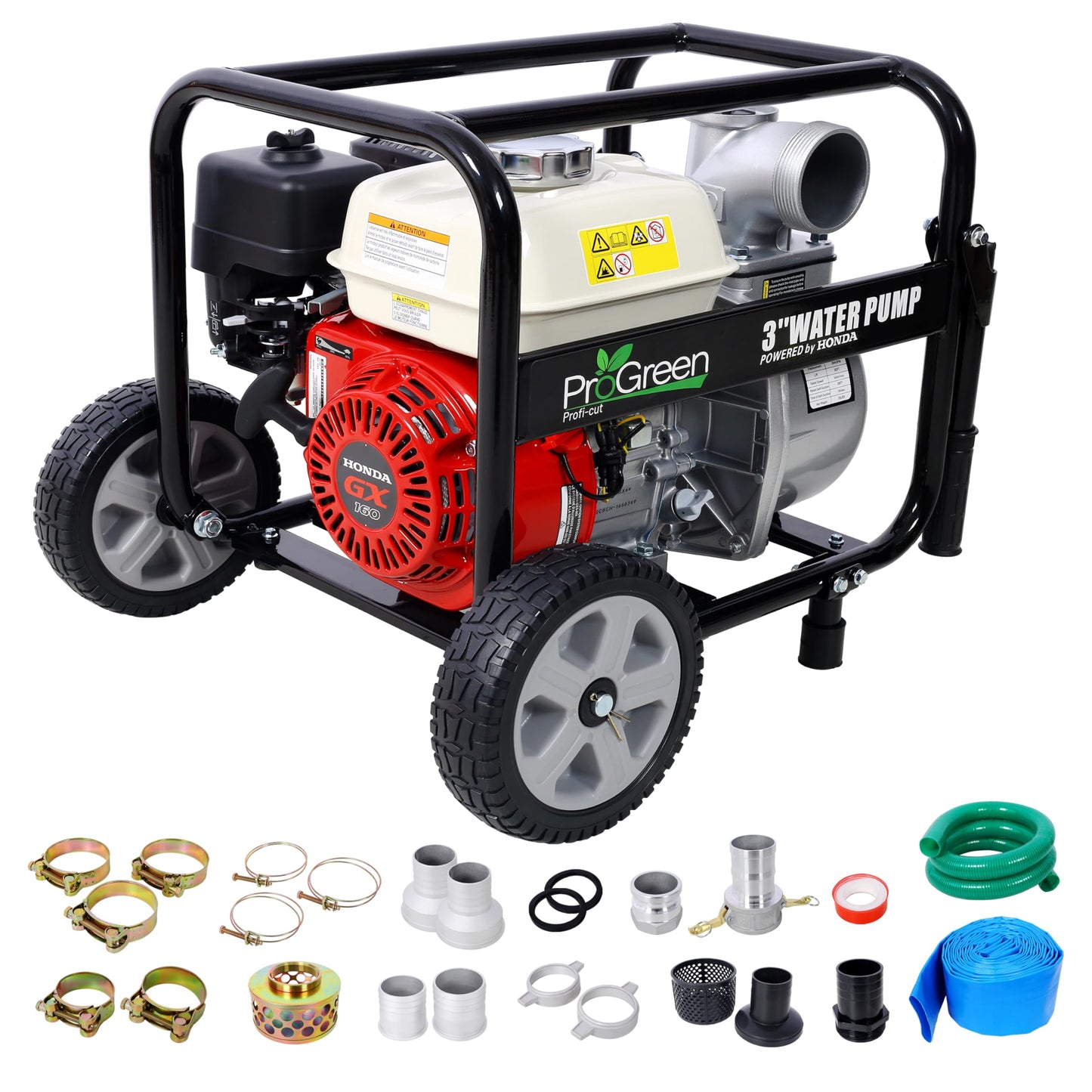 KEIKI 3" Water Pump, 264Gpm, 163cc for Honda GX160 Engine, 3IN NPT COUPLER with Accessories Kit and Handle Wheel, Semi-Trash Transfer Pump for Irrigation (With 25ft Hose)