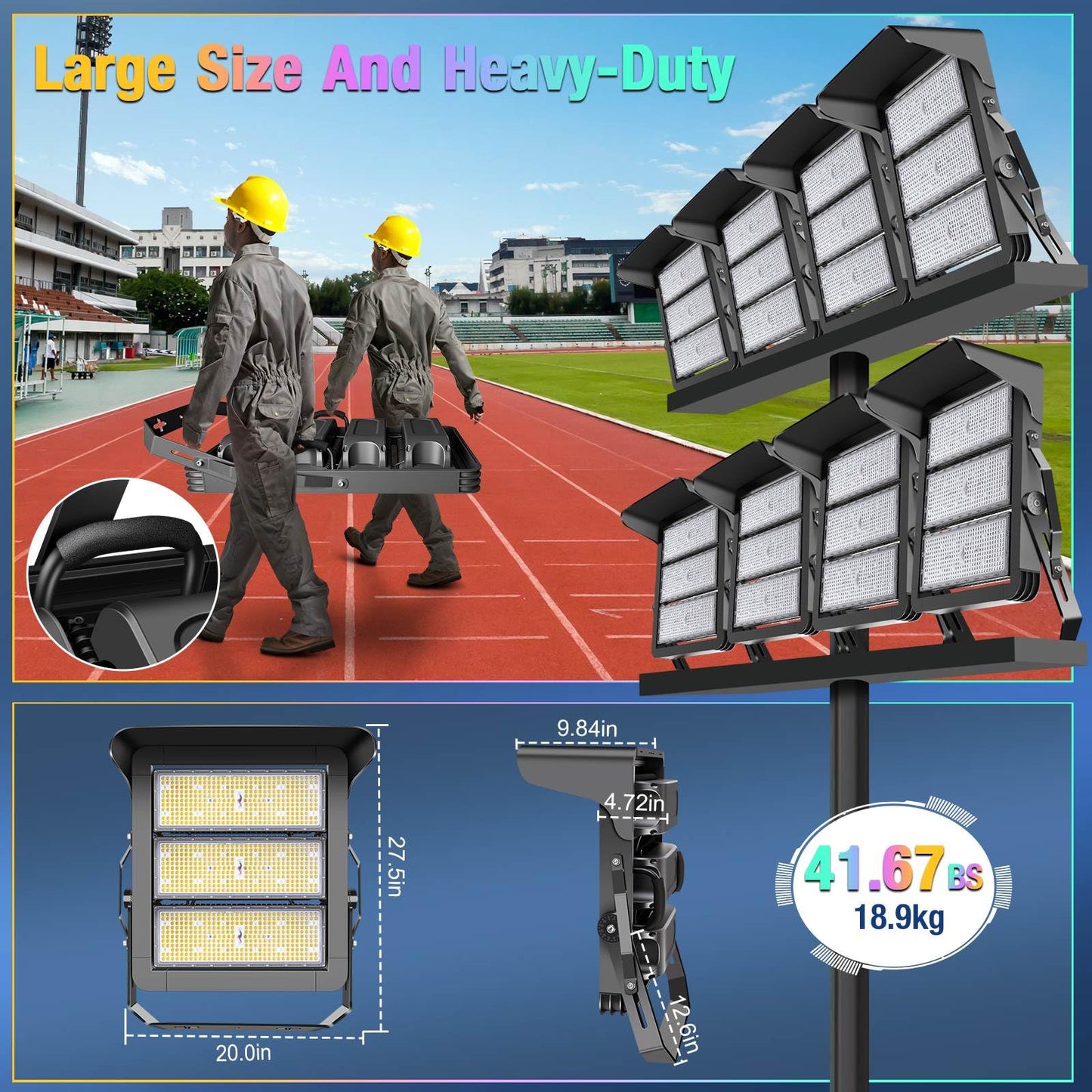 ledmo 750W Dimmable LED High Mast Stadium Light, Outdoor 90000LM Super Bright Floodlight Commercial 100-277V 5000K Daylight IP66 Adjustable Waterproof Arena Lighting for Sport Court