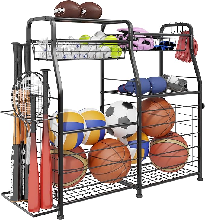 Garage Sports Equipment Organizer - Ball Storage Rack with Elastic Rope or Wire Mesh,Garage Organizer System with Wheels,Indoor/Outdoor Sports Rack for Sports Gear and Toys Storage,Black