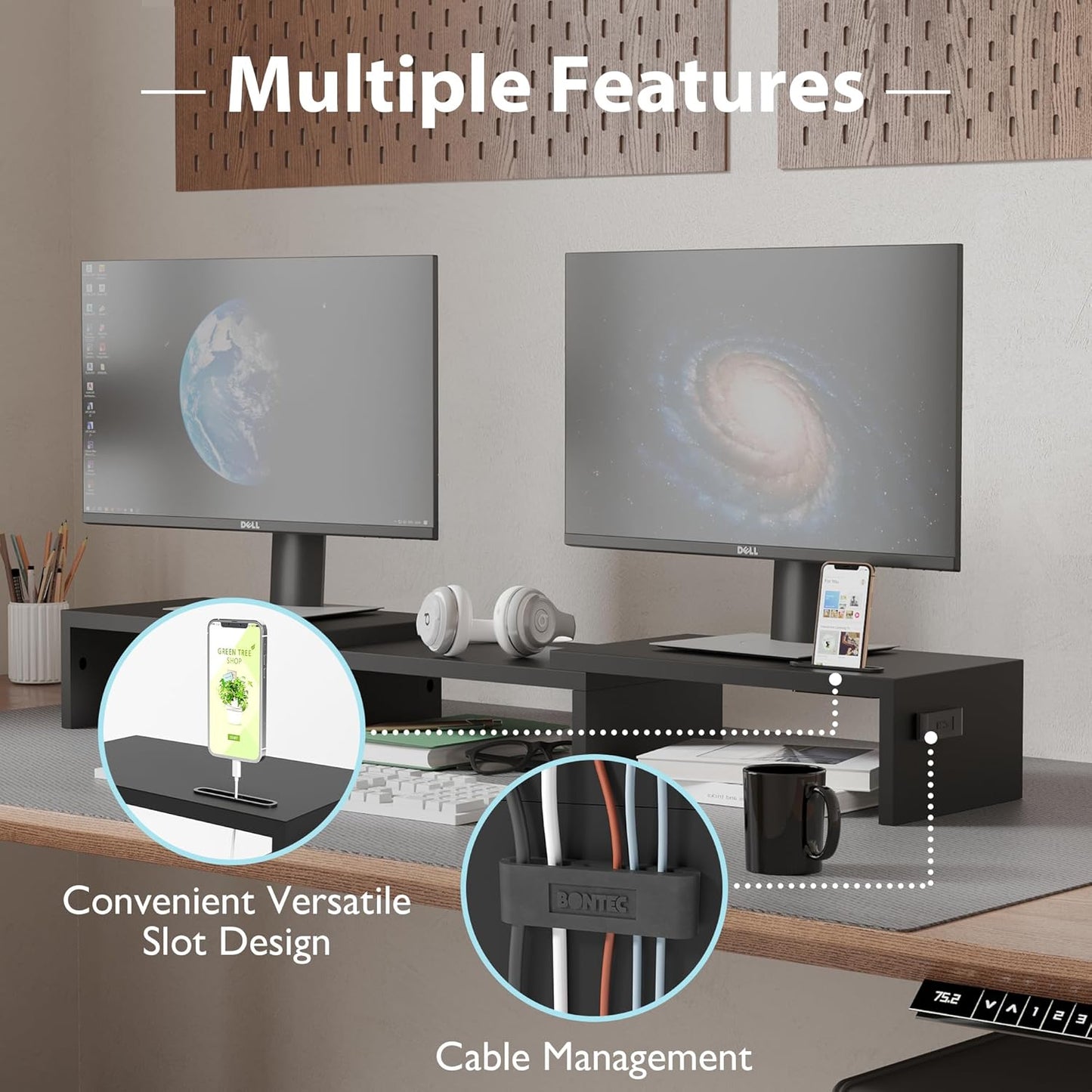 BONTEC Dual Monitor Stand Riser with Smartphone Holder, Adjustable Length & Swivel Angle, Ergonomic Wooden Desktop