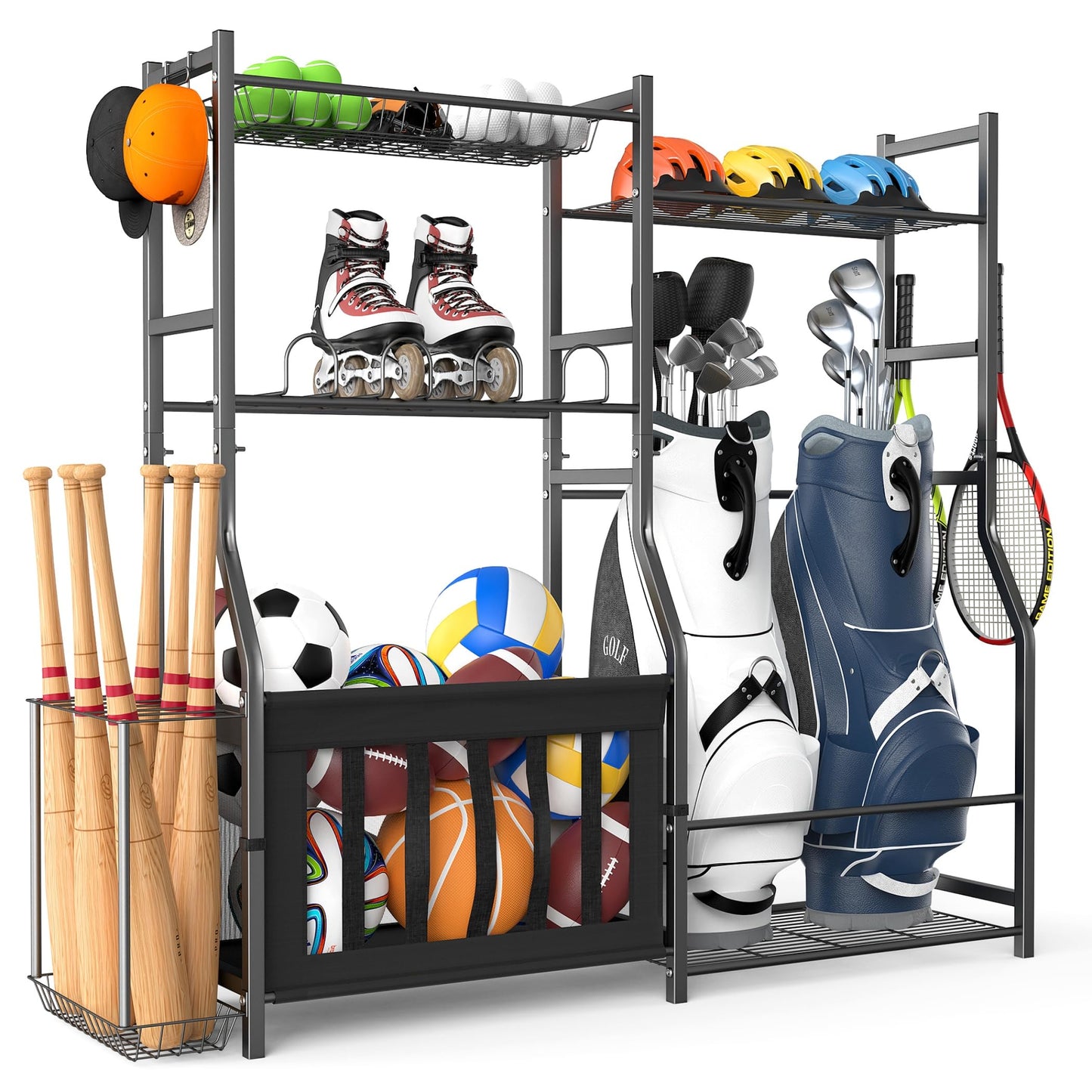 TORACK Golf Bags Stand with Ball Storage, Large Capacity Garage Sports Equipment Organizer, Indoor Toys Storage