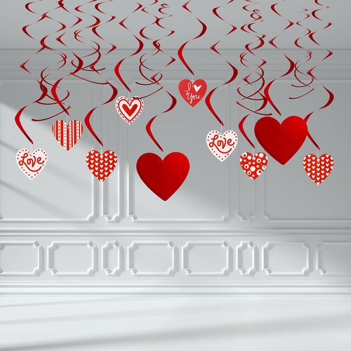 JOYIN 31 Pcs Valentines Day Swirl String Cutout,Decoration Kit with Banner, Garland, Foil Swirls, Hanging Swirls with Heart Pendant,Heart Honeycombs for Valentines Party, Wedding ,Anniversary