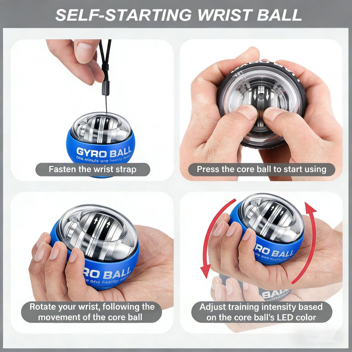 SQRUIHAO 2026 New Auto-Start Power Gyro Ball, Hand Wrist Forearm Trainer and Strengthener, Torque Balls Hand Exerciser with Led Light (with Ball Bag) (Blue)