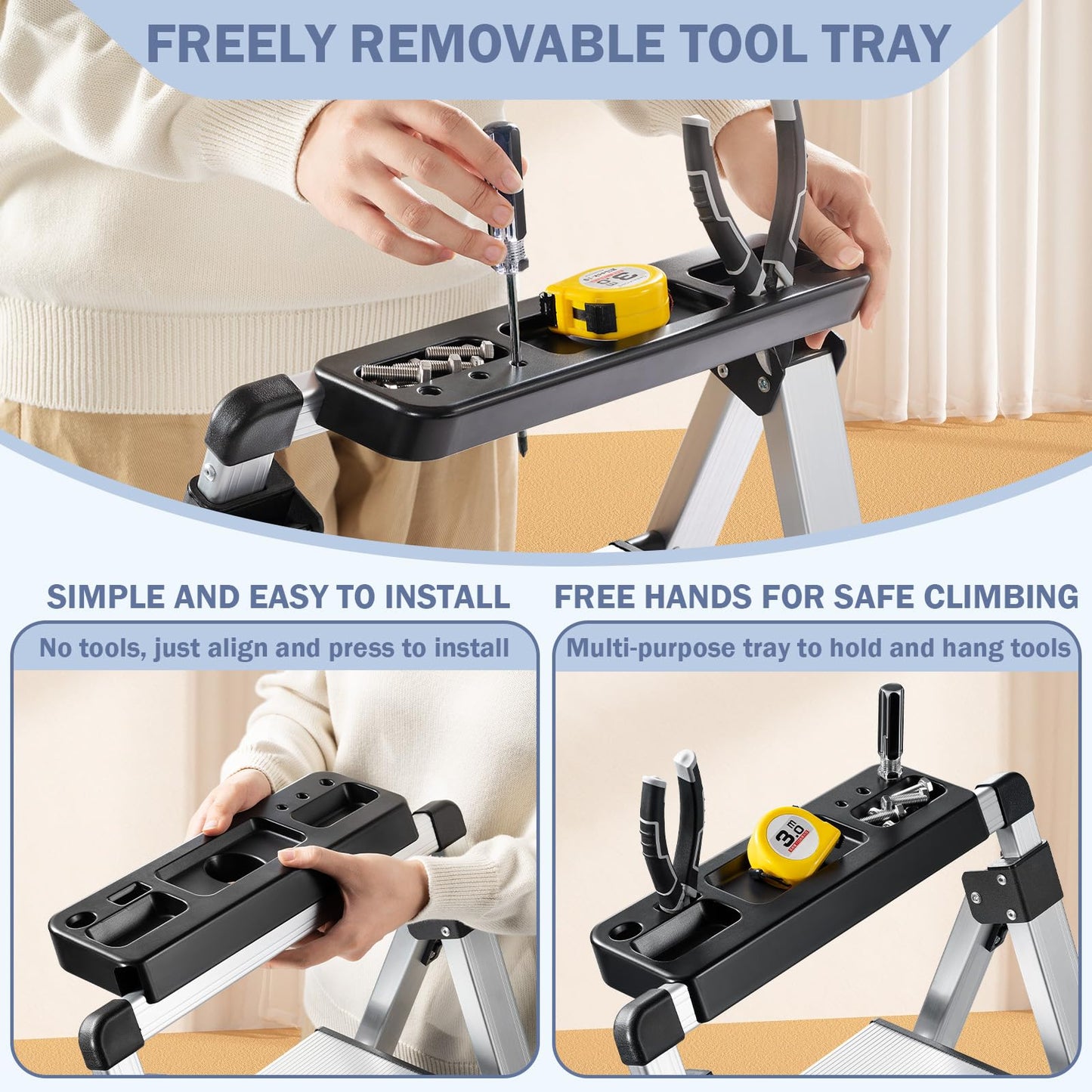 XinSunho 5 Step Ladder, Retractable Handgrip Folding Step Stool with Anti-Slip Wide Pedal, Aluminum Stool Ladders 5 Steps, 330lbs Safety Household Ladder