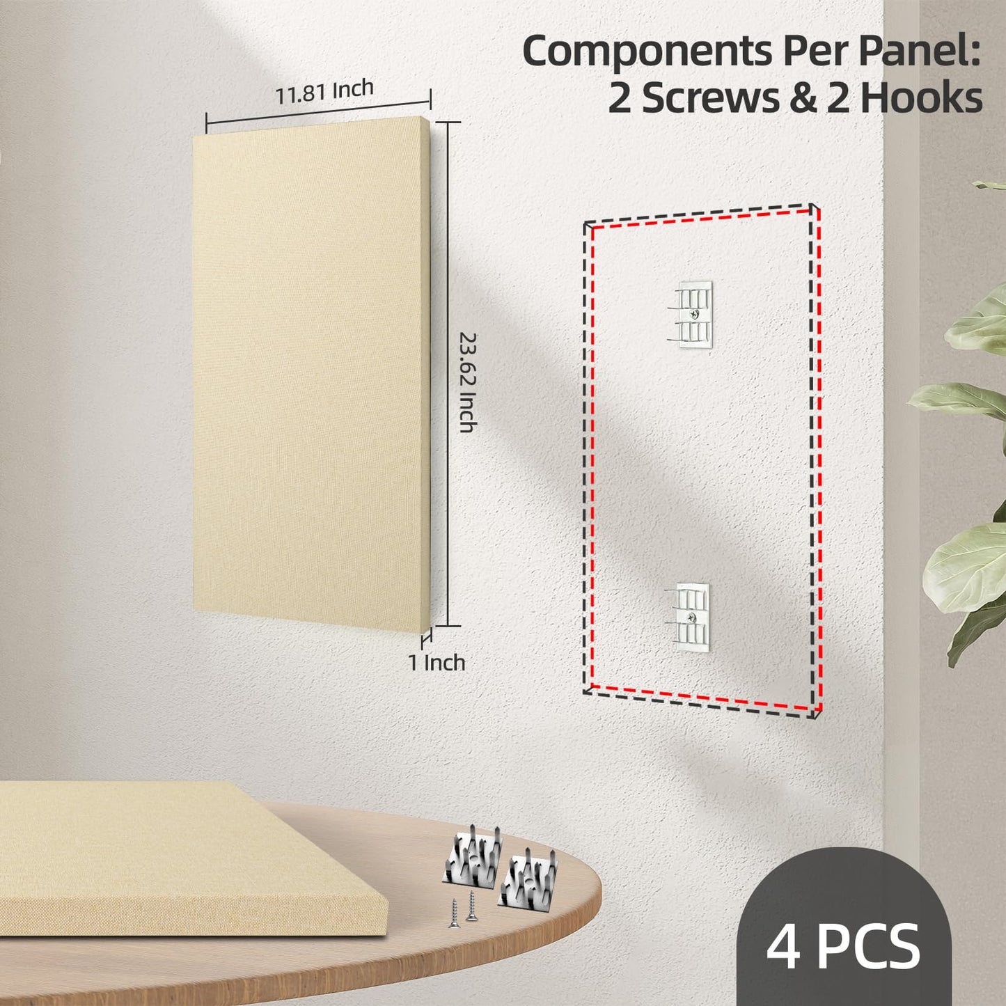 Art3dwallpanels 4 PCS Acoustic Panels, 24''x12'' Fabric Soundproof Wall Panels, Easy-Hook Mounting Sound Absorbing Panels for Studios, Office, Home Theater, Linen
