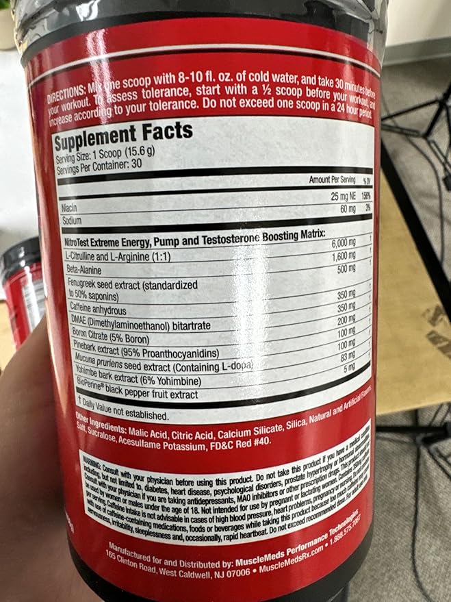 MuscleMeds Nitrotest Pre-Workout Supplement Drink, Boost Nitric Oxide, Testosterone, Watermelon, 30 Servings, 1.03 Pound, 1 Count