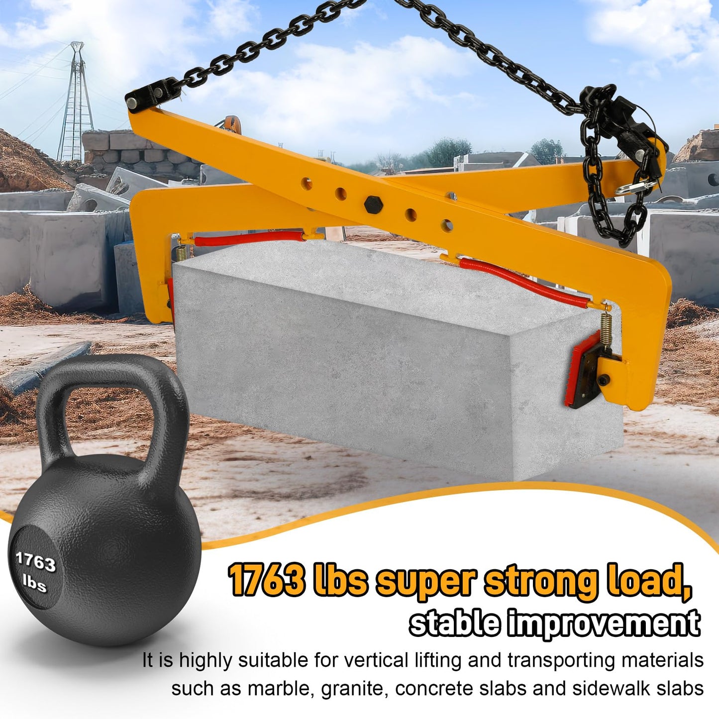 1763 Ibs Heavy-Duty Granite Slab Lifting Clamp, Anti-slip Stone Block Lifter Clamp, Adjustable 14“ -35” Opening - Ideal Vertical Transport Tool for Granite, Concrete, Marble, and Slate