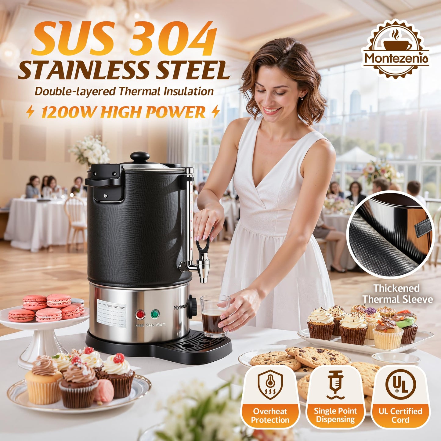 50 Cup Commercial Coffee Urn with Temp Control, 1200W Extra Large Coffee Maker Double Insulated 304 Stainless Steel Coffee Dispenser Hot Water Urn with for Home Party Office Catering (8L/50cups)