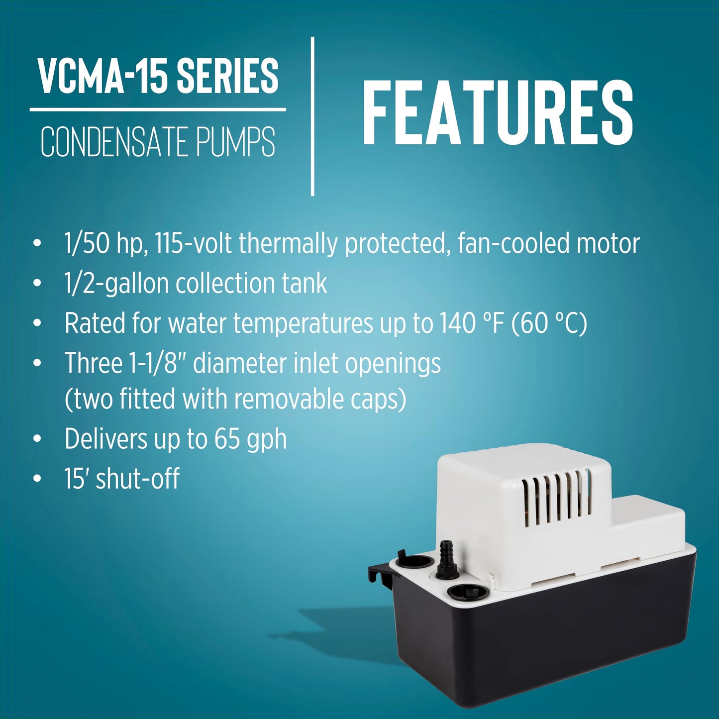 Little Giant VCMA-15ULT 115 Volt, 65 GPH, 1/50 HP Automatic Condensate Removal Pump with Tubing (no safety switch), Black/White, 554411