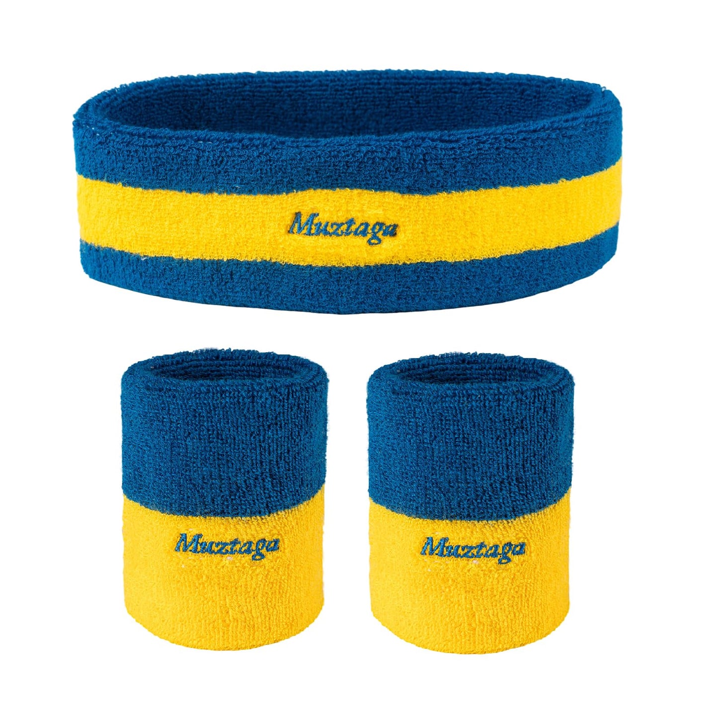 [3-Piece Set] Sweatbands for Men & Women - Includes 1 Headband & 2 Wristbands - Blue & Yellow Terry Cloth Athletic Sweat Bands - Moisture Wicking for Basketball, Tennis, Gym, Running