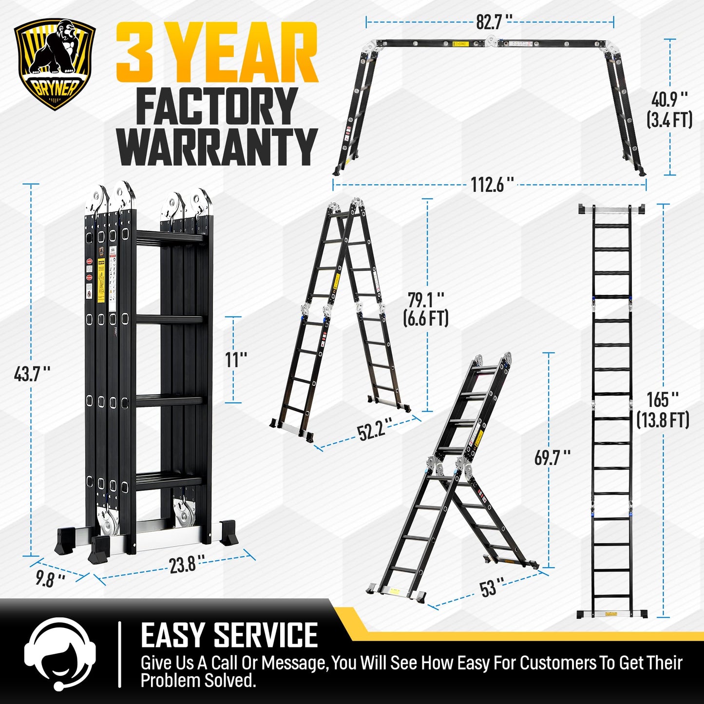 Bryner 7 in 1 Multi-Purpose Ladder Aluminium 14Ft Folding Adjustable Telescoping Step Extension Ladder Meet SGS EN 131 Standard Heavy Duty 330lbs