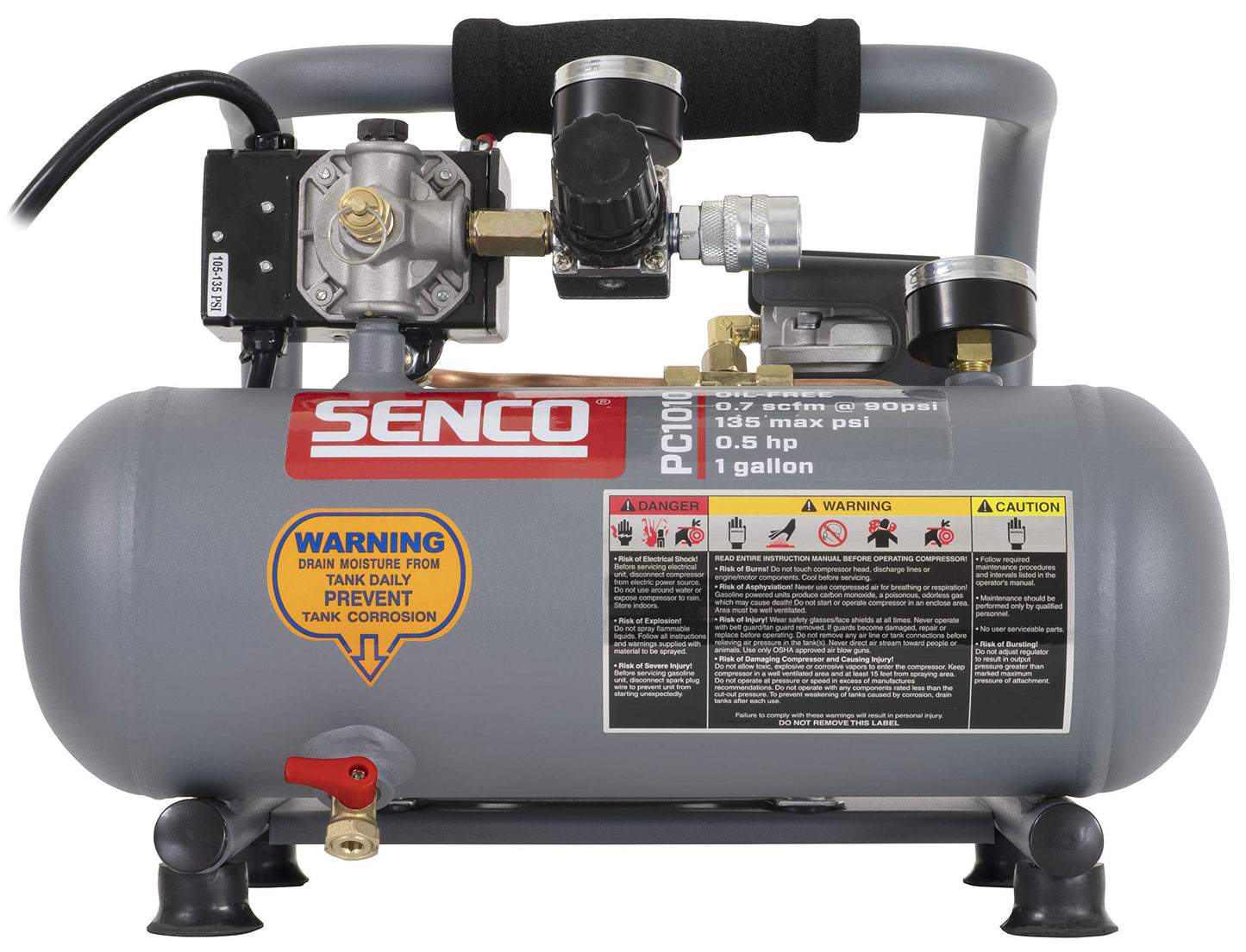 Senco PC1010 1/2- Horsepower 1-Gallon Matte Finish and Trim Portable Hot Dog Air Compressor, Gray/Red & Campbell Hausfeld 25' Air Hose (PA117701AV)