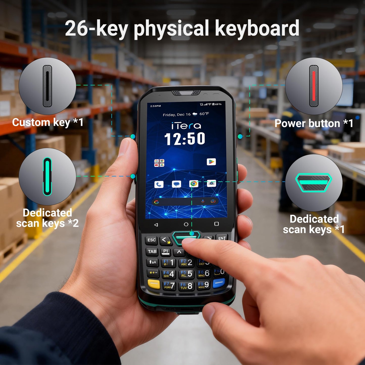 iTera Android 13 Barcode Scanner PDA: HS7 Scan Engine 26-Key Keypad 4" Touch Screen MTK 2.0GHz CPU IP67 Rugged 5100mAh Battery for Warehouse Logistics Industrial Use P400