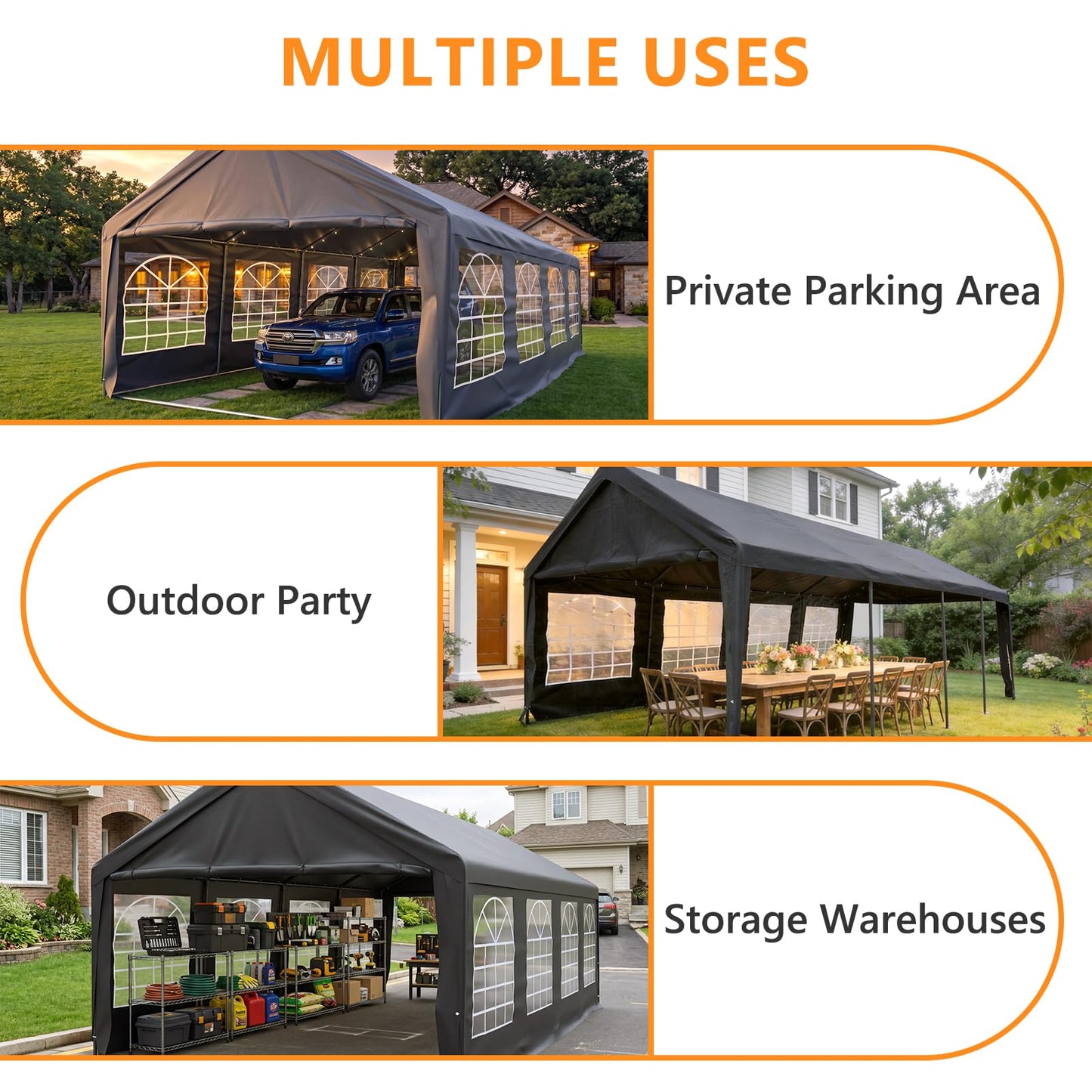 Carport 13x26 FT Heavy Duty Carport Canopy, Reinforced Steel Frame Car Tent Garage with 6 Windows, Waterproof & UV-Resistant Car Shelter, Portable Garage All-Season Tarp for Car/Truck/Boat Grey
