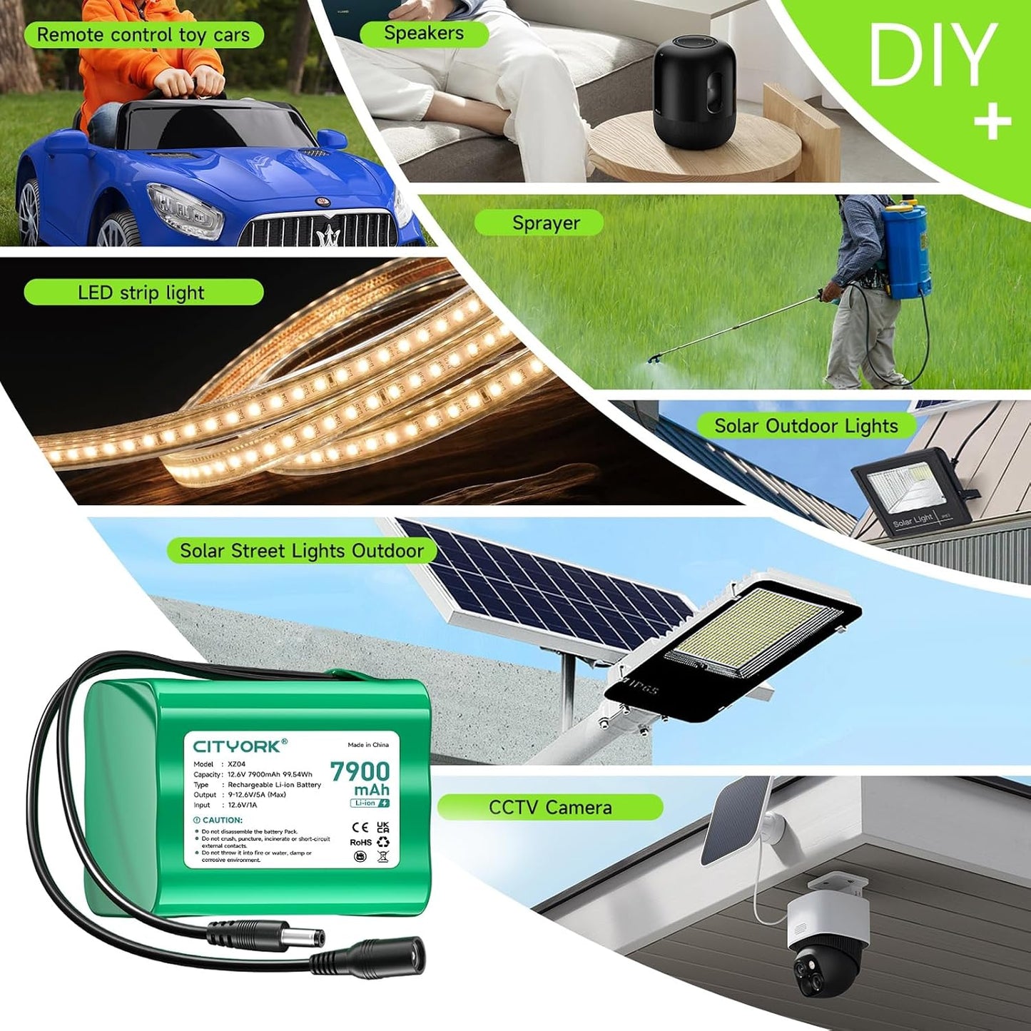 CITYORK 12V 7900mAh DC5521 12V 12V Lithium Battery with Charger, Male Connector, Rechargeable Battery for Devices, DIY