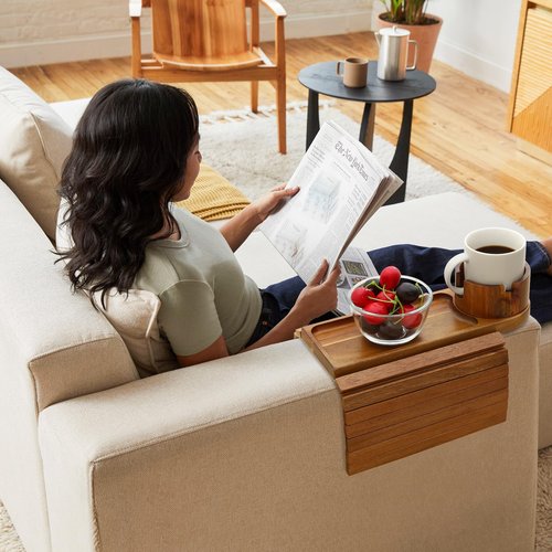 BAMTRAY Couch Cup Holder Tray, 15.75" Acacia Wood Couch Armrest Table, 3 in 1 Foldable Sofa Clip on Side Table with 360° Phone Stand, Armrest Tray for Coffee Snacks