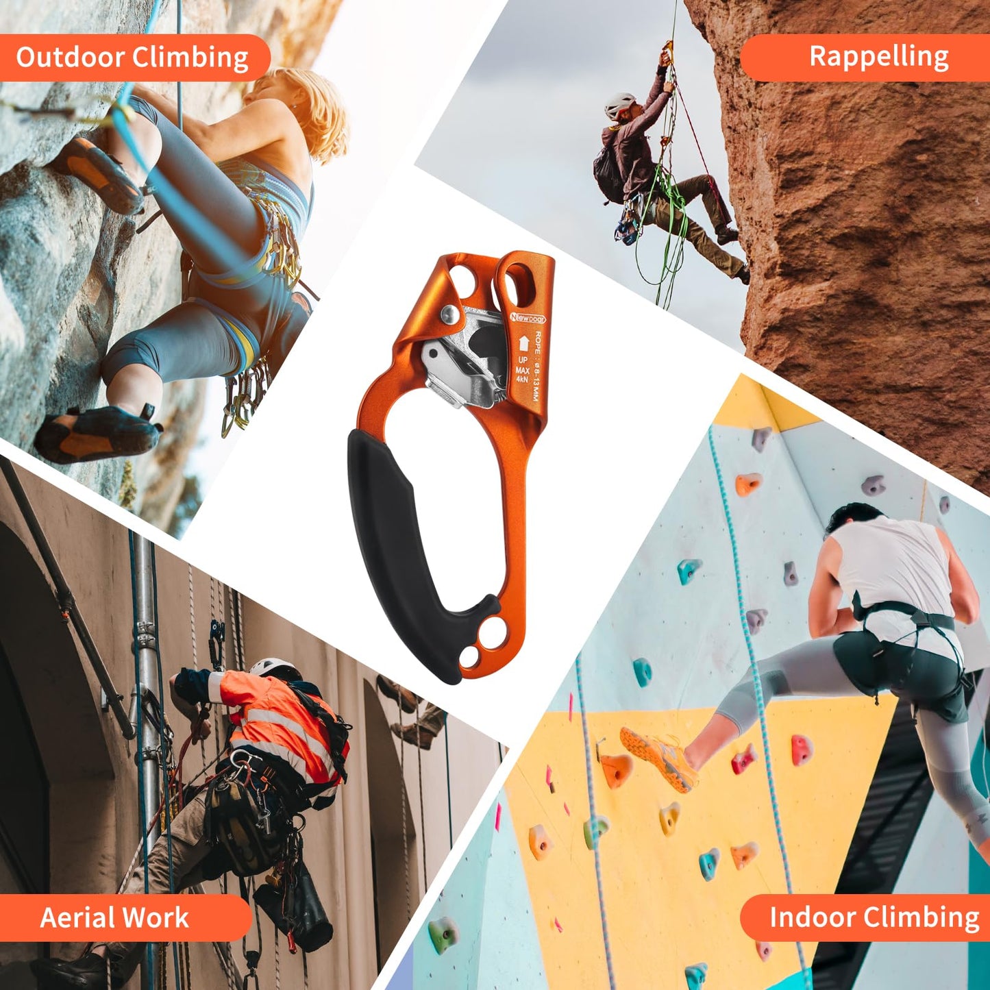 NewDoar Left Hand Ascender Rock Climbing Tree Arborist Rappelling Gear Equipment CE Certified Rope Clamp for 8~13MM Rope(Orange-Left)
