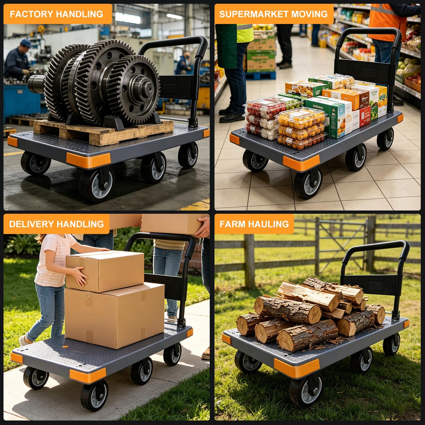 WUD Push Cart, Folding Mobile Platform Trolley,Thickened and Reinforced, 360° Swivel Wheels,47.2 “L x 27.5 ”W, 1764 lb,Gray
