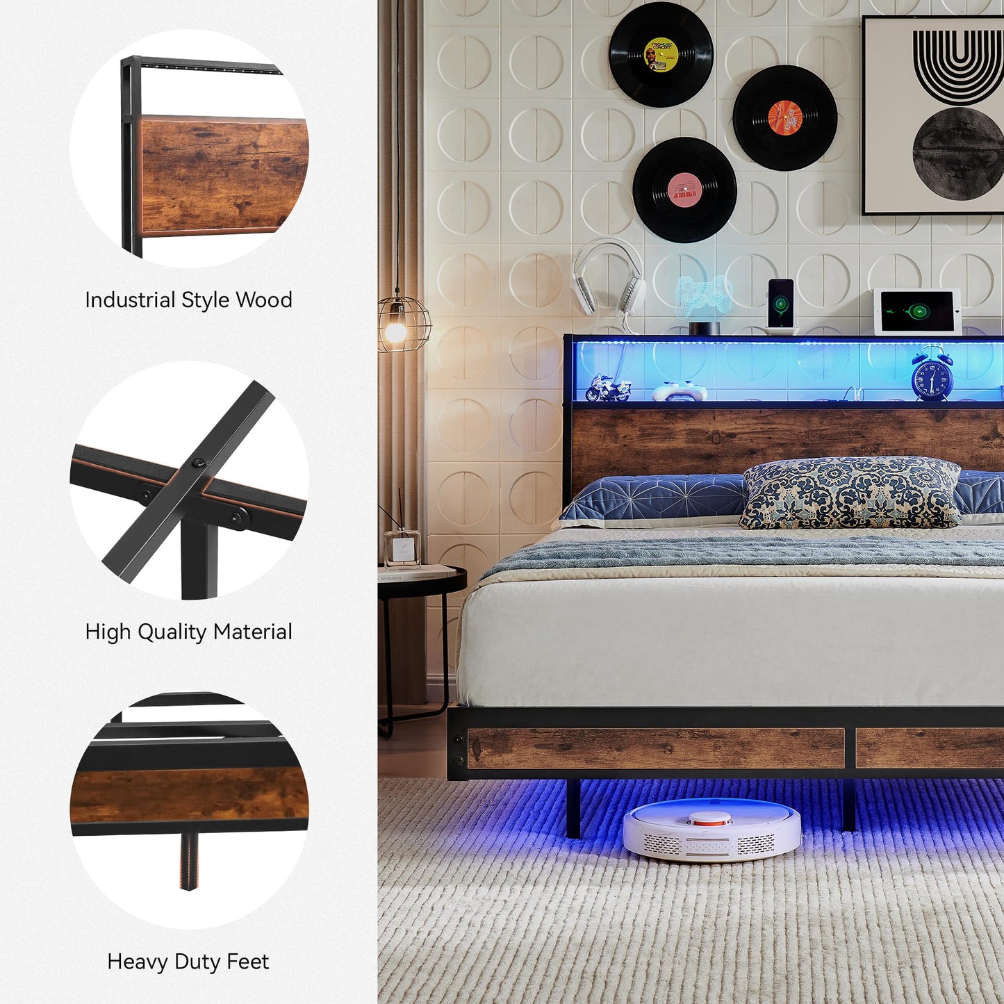 BedsPick Full Bed Frame with 2-Tier Storage Headboard, Metal Platform Full Size Bed Frame with Smart LED Lights & USB Charging Station, Noise-Free/Metal Support/No Box Spring Needed, Brown