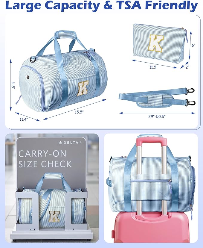 Cute Preppy Gifts for Girls, Girl Gym Bag, Kids Initial Overnight Duffel Bags with Shoe Compartment, Personalized Travel Bag with Makeup Pouch, Chenille Birthday Gift for Teen (Letter D)